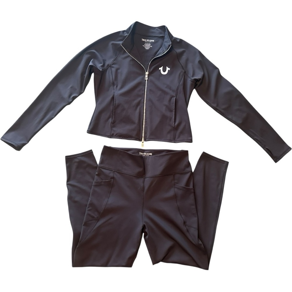 True Religion Black Logo Activewear Set Zip Jacket & Leggings Women’s Large